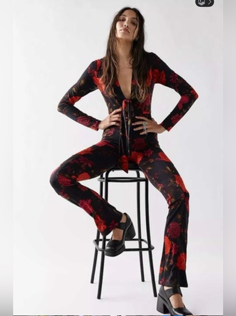 Free People Flora Tie-Front Catsuit in Black and Red NWOT
